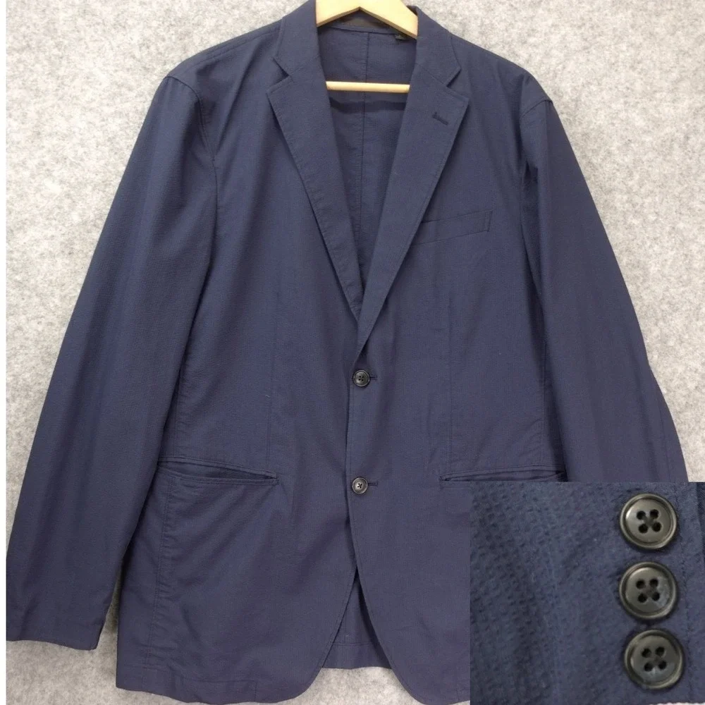 Uniqlo Seersucker Sport Coat Men LARGE 44R SLIM Navy Jacket Summer Unlined Light